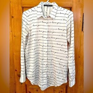 Second Sunday Button Down Blouse White w/Black I Love You Sz S Whimsigoth